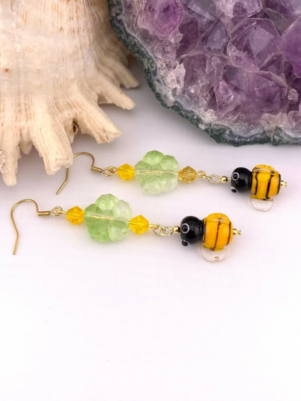 Bumble Bee Flower Lampwork Dangle Gardencore Handmade Earrings LR214
